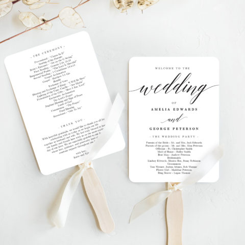 wedding ceremony program as a fan, double sided with wedding ceremony details and wedding party members' names