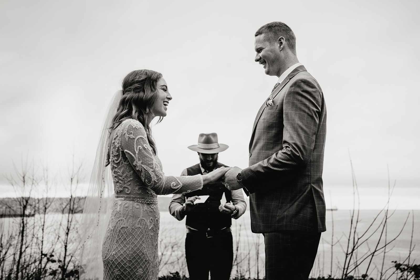 Black and white photo of couple eloping with Young Hip & Married in BC