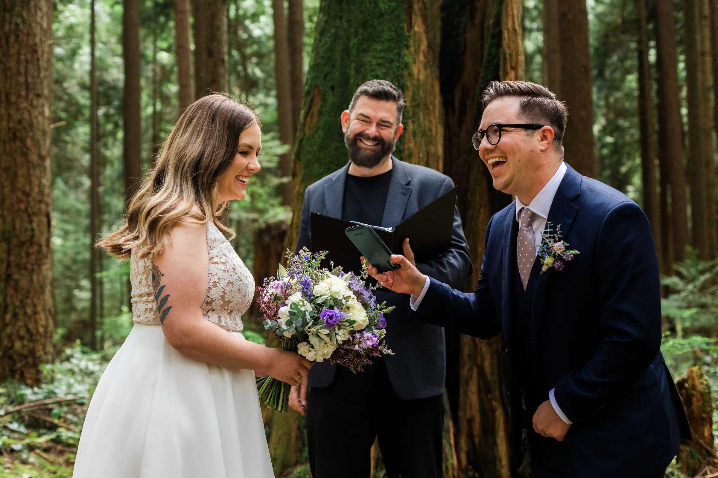 Young Hip & Married wedding officiant Curt marrying a couple in the park in Vancouver