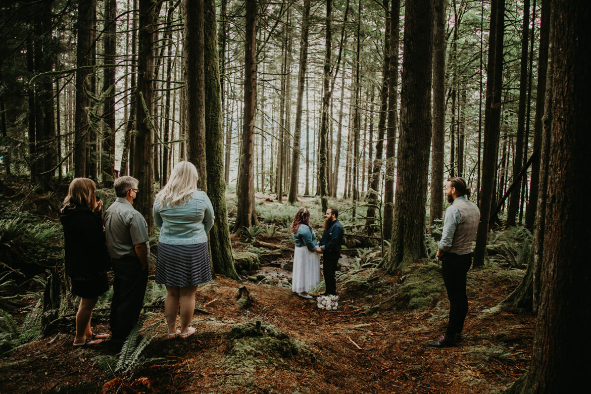 leave no trace at outdoor elopement, forest elopement wedding with young hip & married