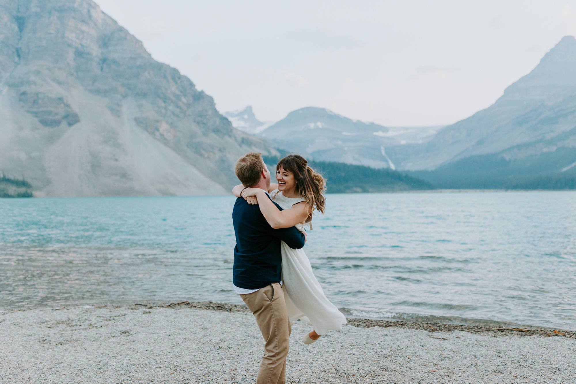 couple at Bow Lake, Alberta with Deanna Rachel Photography