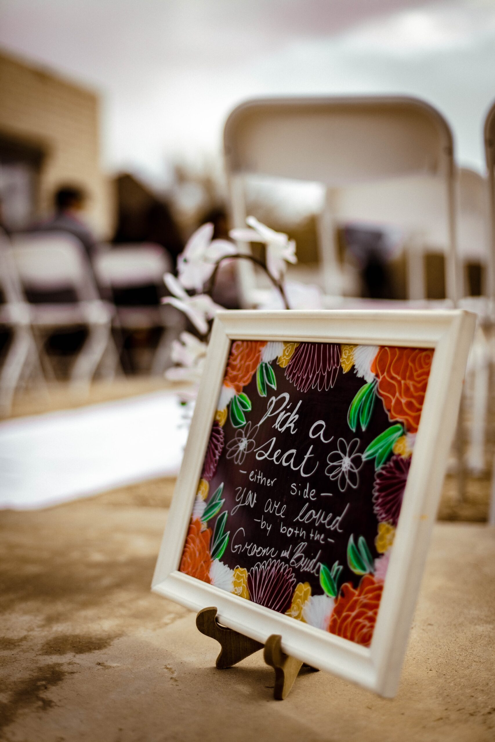 seating sign at wedding ceremony, pick a seat not a side