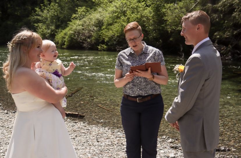 Megan and Matt with Officiant Beth at Golden Ears, Vancouver elopement with Young Hip & Married