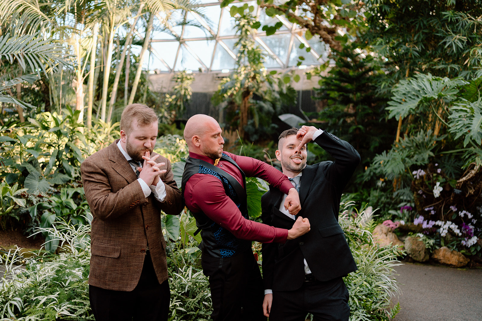 groom and groomsmen being silly at wedding with young hip & married; wedding puns, wedding jokes