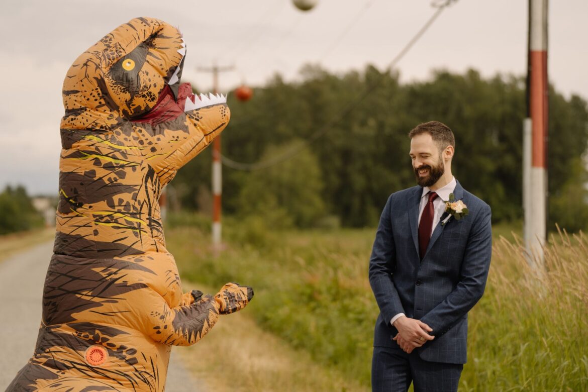 t rex suit for wedding first look, funny wedding puns jokes and quotes